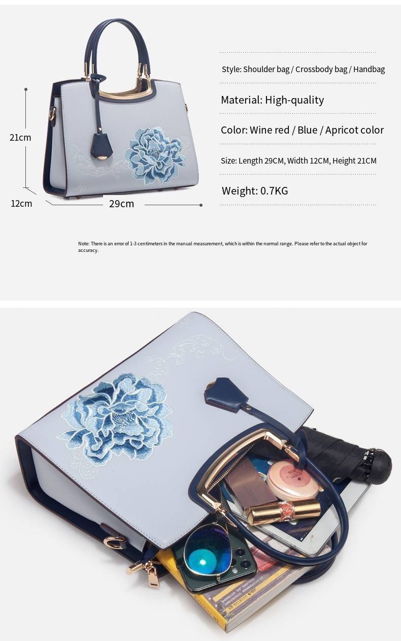 Ladies Elegant Burgundy Handbag with Floral Embroidery And Gold-Tone Hardware